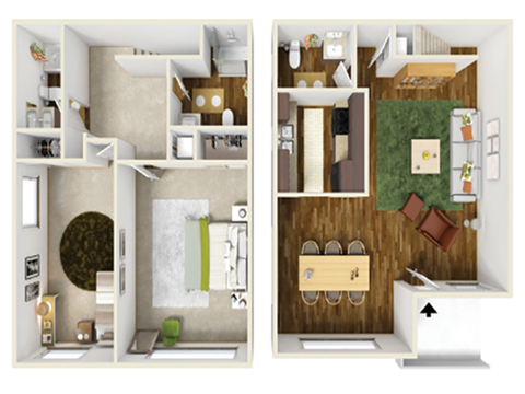 Floor plan for 2 beds, 2.5 baths, 1004 sqft